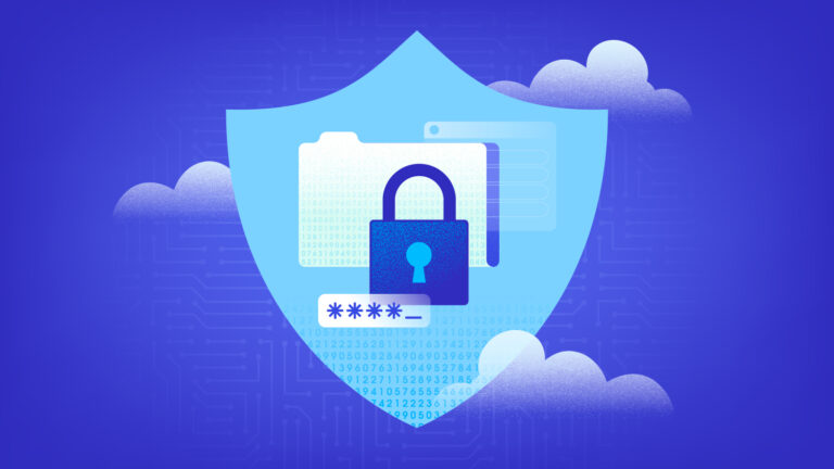 An illustration of a lock and folder in front of a shield.