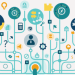 A colorful illustration of a network with nodes of different sizes containing an assortment of icons representing data.