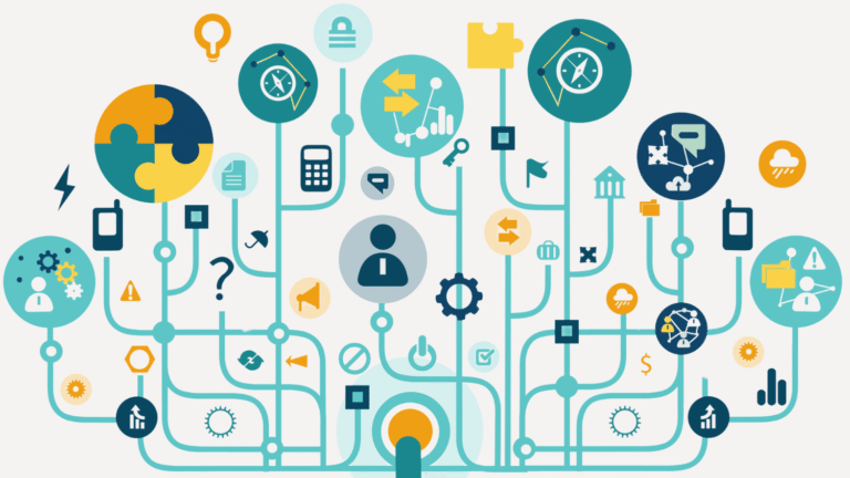 A colorful illustration of a network with nodes of different sizes containing an assortment of icons representing data.