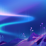 On a purple-blue gradient background is an illustration of a mountain range, with beams of light topped with nodes that represent agents. There's an aurora in the sky.