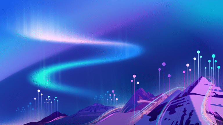 On a purple-blue gradient background is an illustration of a mountain range, with beams of light topped with nodes that represent agents. There's an aurora in the sky.