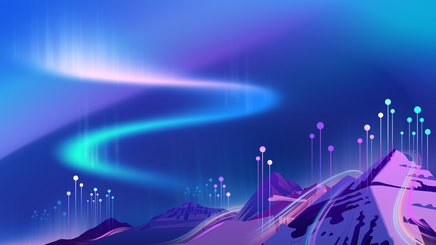 On a purple-blue gradient background is an illustration of a mountain range, with beams of light topped with nodes that represent agents. There's an aurora in the sky.