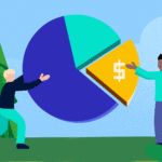 Two people collaborate to complete a pie chart, with a golden slice featuring a dollar sign representing the net retention rate.