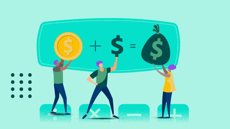 Illustration of three salespeople holding oversized $$$ and bags of money to represent promotional pricing