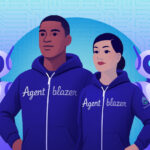 Illustration of a man and a woman wearing purple Agentblazer hoodies, with helpful AI agent robots next to them