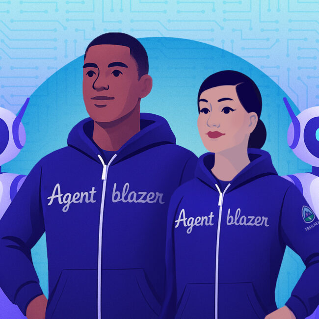 Illustration of a man and a woman wearing purple Agentblazer hoodies, with helpful AI agent robots next to them