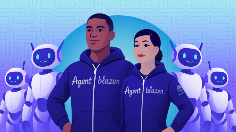 Illustration of a man and a woman wearing purple Agentblazer hoodies, with helpful AI agent robots next to them