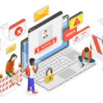 An illustration showing people around a laptop experiencing an error.