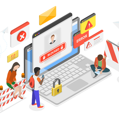 An illustration showing people around a laptop experiencing an error.