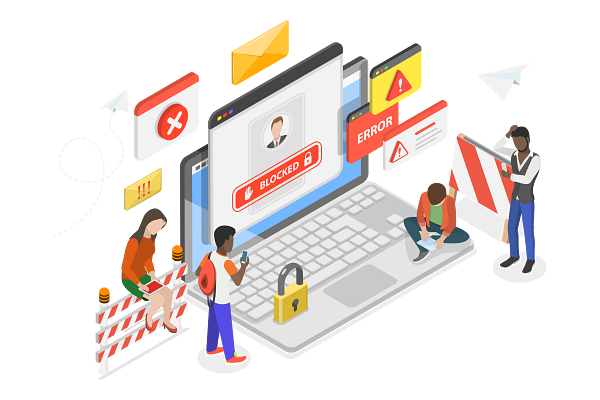 An illustration showing people around a laptop experiencing an error.