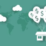 Illustration showing TAM SAM SOM growth method through a small business floating above the globe with dollar sign balloons.