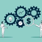 Illustration showing three small business owners using digital tools to manage finances and cut costs.