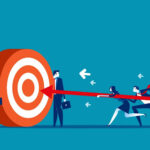 Illustration showing a team of people hitting a bullseye with an arrow indicating their target market for business.