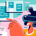 Colorful illustration of a person wearing VR glasses and gesturing at virtual panes of digital info.