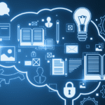 Glowing line art of a brain outline with book and lightbulb icons floating in the foreground.