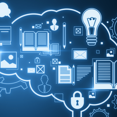 Glowing line art of a brain outline with book and lightbulb icons floating in the foreground.