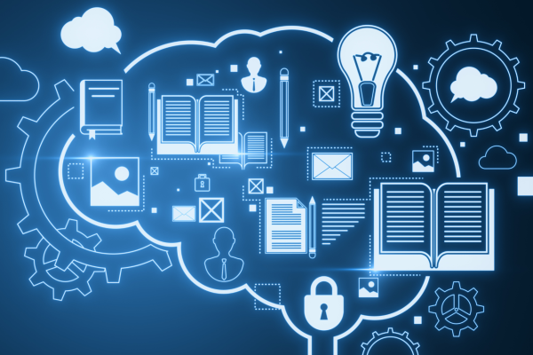 Glowing line art of a brain outline with book and lightbulb icons floating in the foreground.