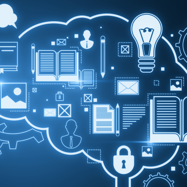 Glowing line art of a brain outline with book and lightbulb icons floating in the foreground.