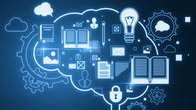 Glowing line art of a brain outline with book and lightbulb icons floating in the foreground.