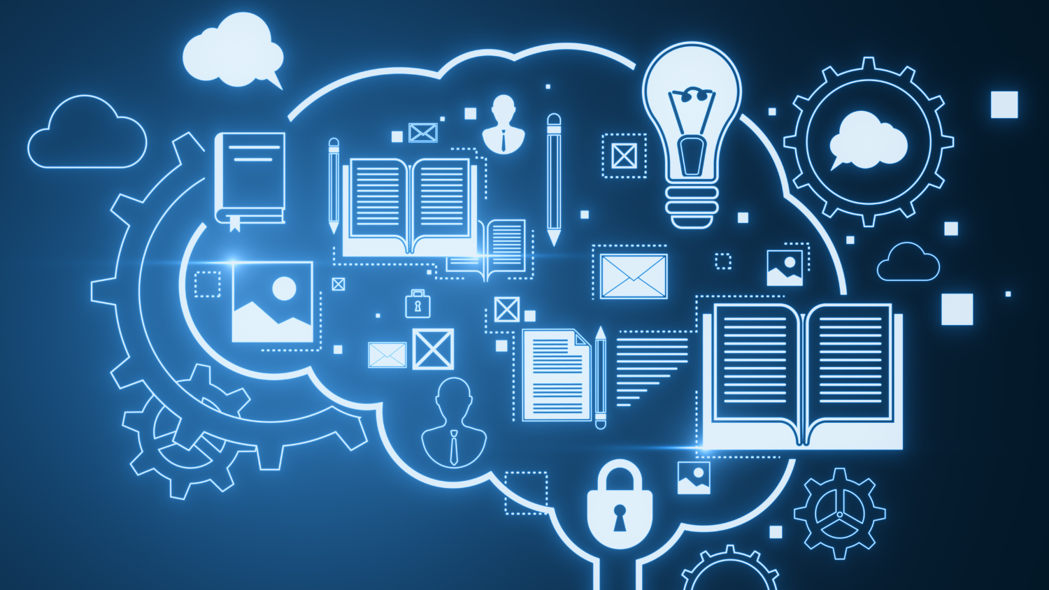 Glowing line art of a brain outline with book and lightbulb icons floating in the foreground.