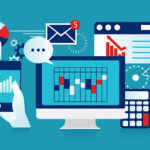 Illustration showcasing sales automation mashup for startups including computers, apps, and tools.