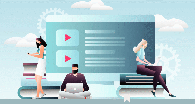 Illustration showcasing small business owners learning commerce courses online.