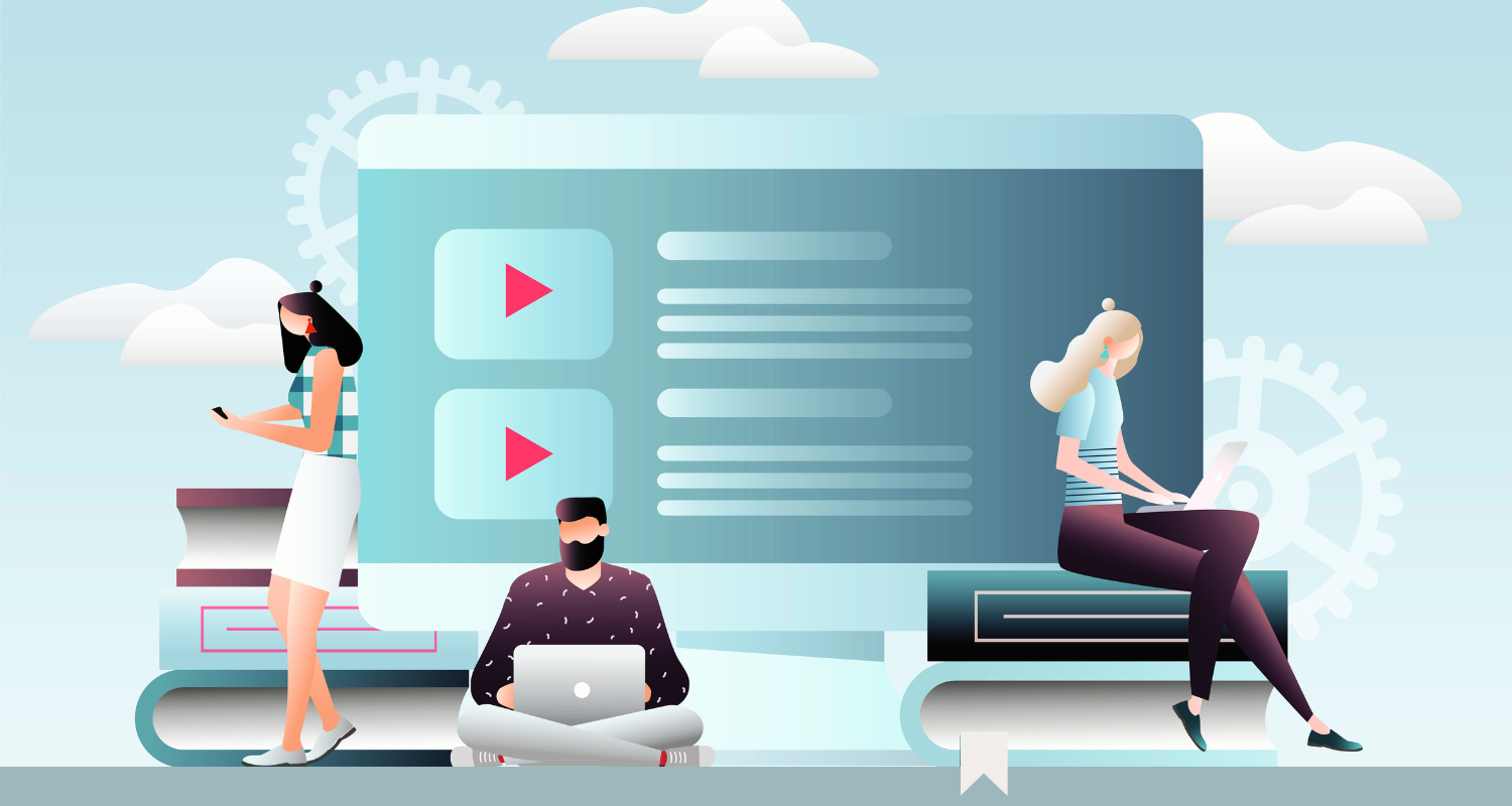 Illustration showcasing small business owners learning commerce courses online.