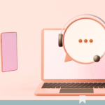 Illustration of AI chatbot as a service rep and a computer on a desk.