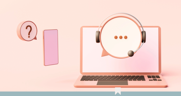 Illustration of AI chatbot as a service rep and a computer on a desk.