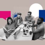 3D collage poster template trend artwork sketch of human resources employment recruitment manager colleagues coworking sit table chatting.