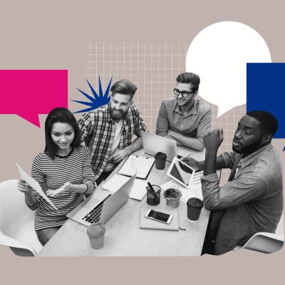 3D collage poster template trend artwork sketch of human resources employment recruitment manager colleagues coworking sit table chatting.