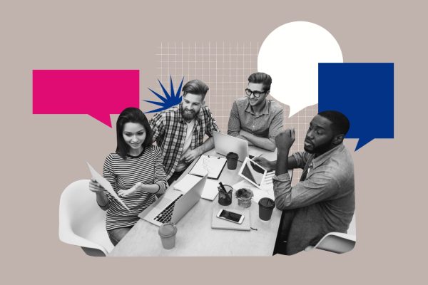 3D collage poster template trend artwork sketch of human resources employment recruitment manager colleagues coworking sit table chatting.