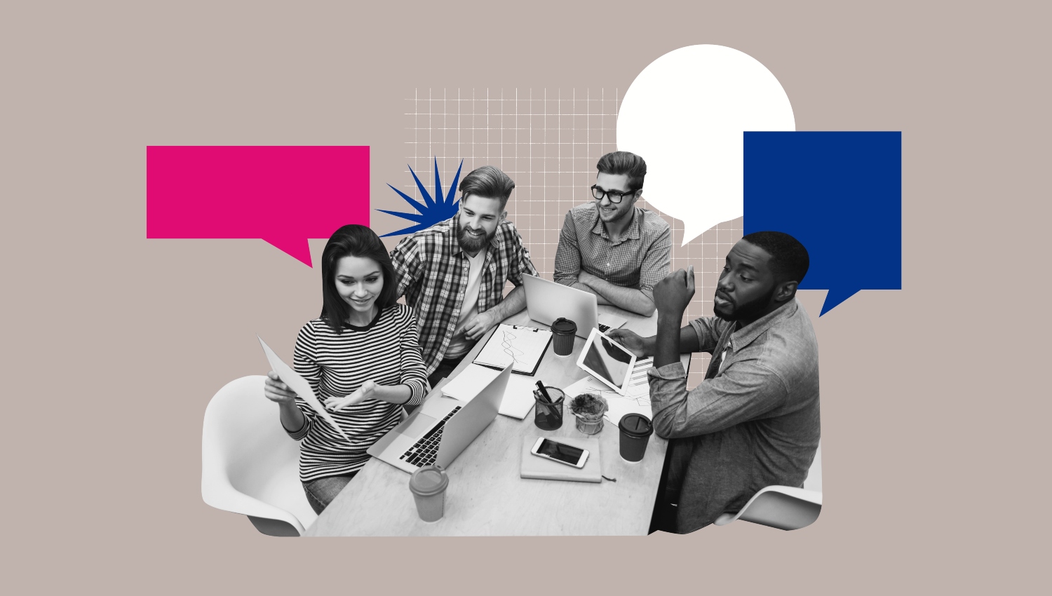 3D collage poster template trend artwork sketch of human resources employment recruitment manager colleagues coworking sit table chatting.