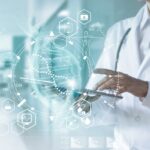 Image of a doctor in a lab coat, holding a tablet, with a graphical overlay of medical symbols
