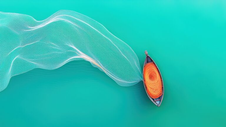 Image of a rowboat in a body of water, with a complex wave behind it