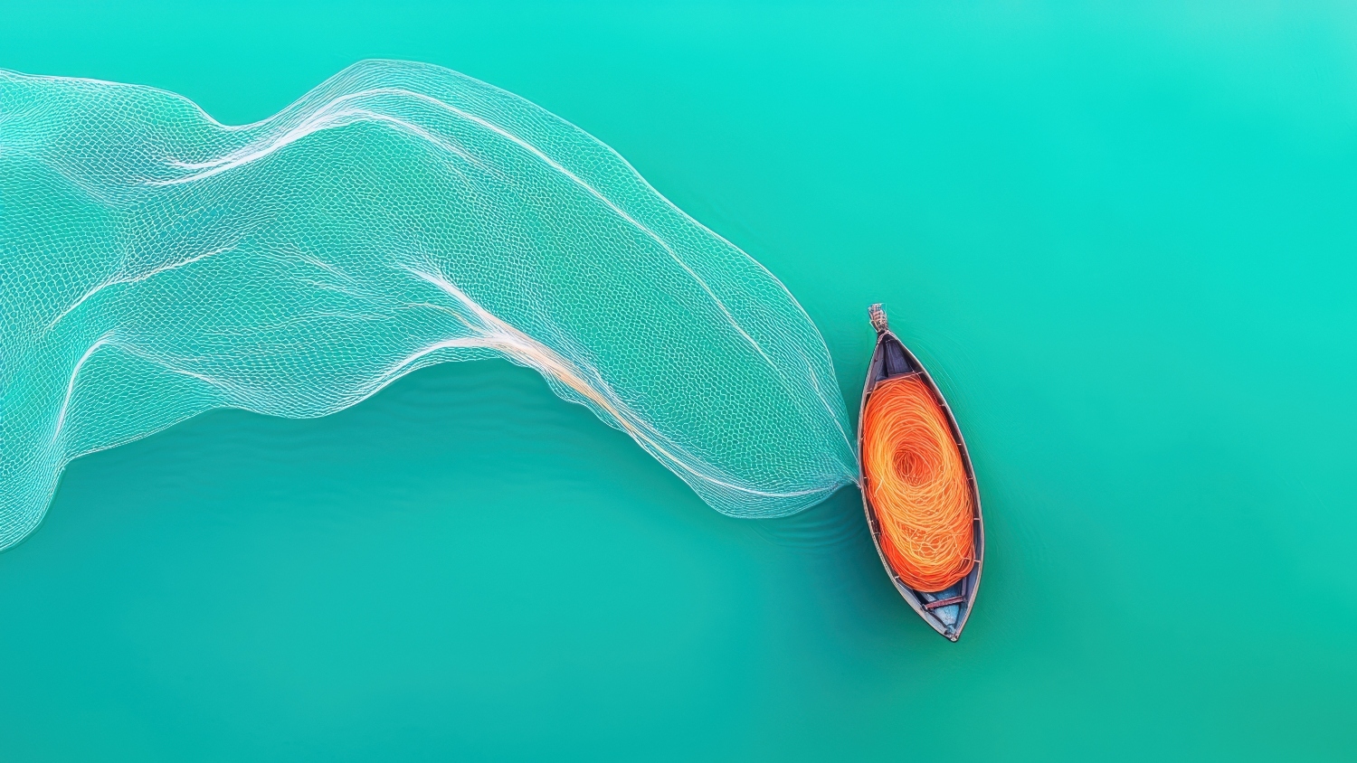 Image of a rowboat in a body of water, with a complex wave behind it