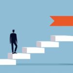 An illustration showcasing a business man walking up 5 steps with an arrow pointing upward showing growth through the 5 business stages.