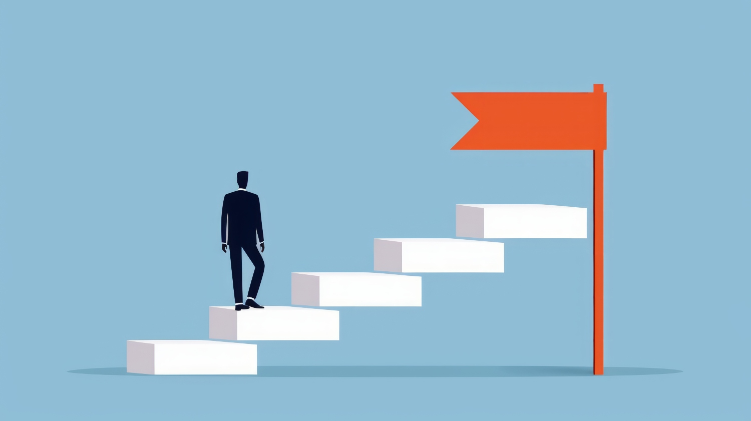 An illustration showcasing a business man walking up 5 steps with an arrow pointing upward showing growth through the 5 business stages.