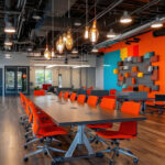 An incubator office showing a conference table, orange chairs and colorful walls.