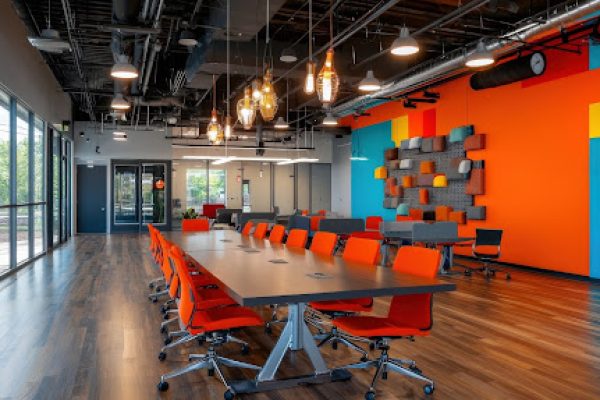 An incubator office showing a conference table, orange chairs and colorful walls.