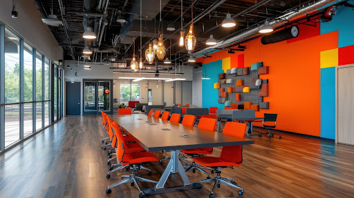 An incubator office showing a conference table, orange chairs and colorful walls.