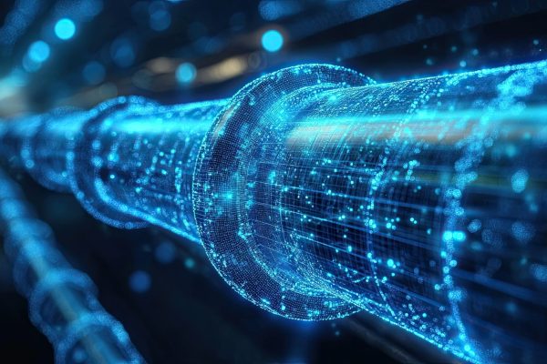 A digital representation water pipeline incorporating AI ML IoT smart leak detection highlighting advanced technology water management maintenance efficient resource use