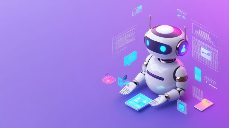 Illustration of a chatbot handling calls and emails on a hologram screen.