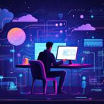An illustration of developer sitting in front of computer. Dark purple background with software motifs around developer.
