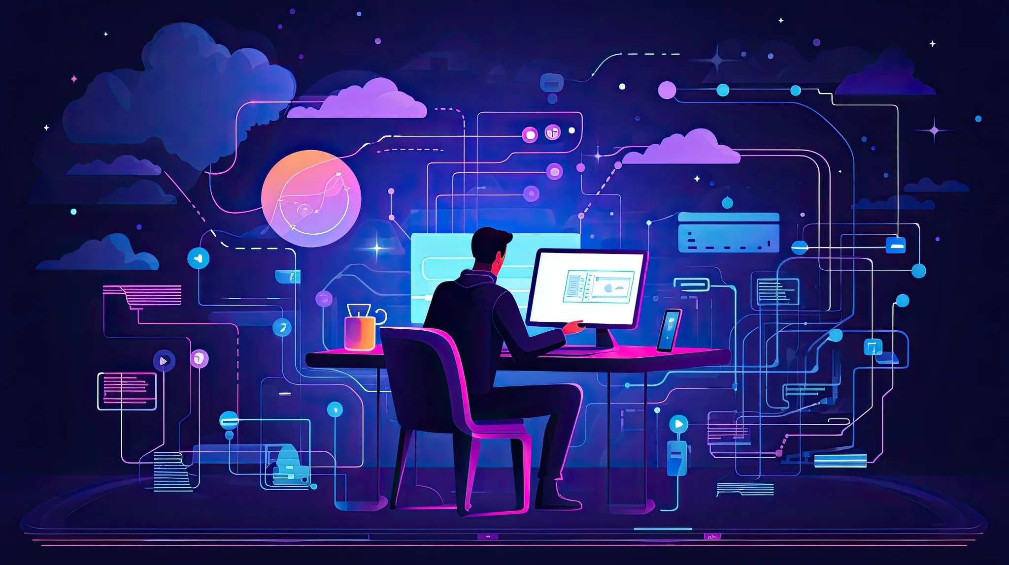An illustration of developer sitting in front of computer. Dark purple background with software motifs around developer.