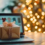 A computer with gifts on top showing holiday marketing AI SEO strategies in front of a Christmas tree.