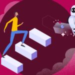 Illustration of person climbing up stairs laid out for them by a robot
