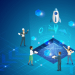 Group of four professionals gathered around a glowing, holographic projection of data points and a 3D grid. A digital rocket ship is flying upwards in the background, surrounded by various data visualizations and floating cubes.