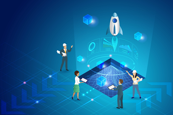 Group of four professionals gathered around a glowing, holographic projection of data points and a 3D grid. A digital rocket ship is flying upwards in the background, surrounded by various data visualizations and floating cubes.