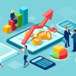 Illustration of data analysis concept with shopper and team of business people